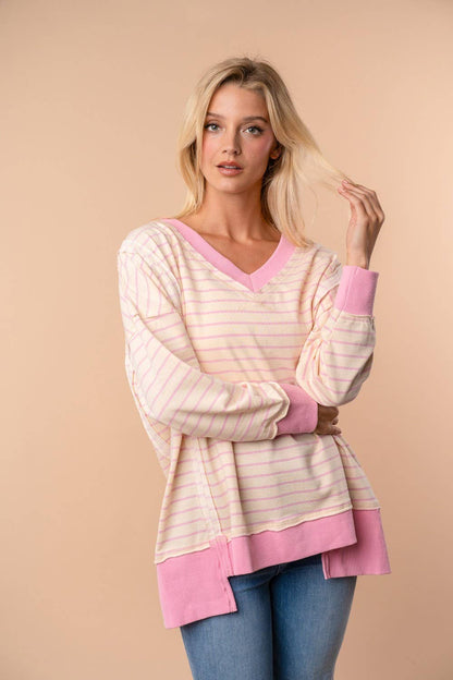 LONG SLEEVE STRIPED KNIT PULLOVER PINK