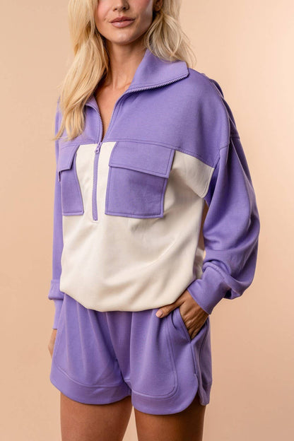 LONG SLEEVE COLOR BLOCK POCKETED LAVENDER KINT PULLOVER