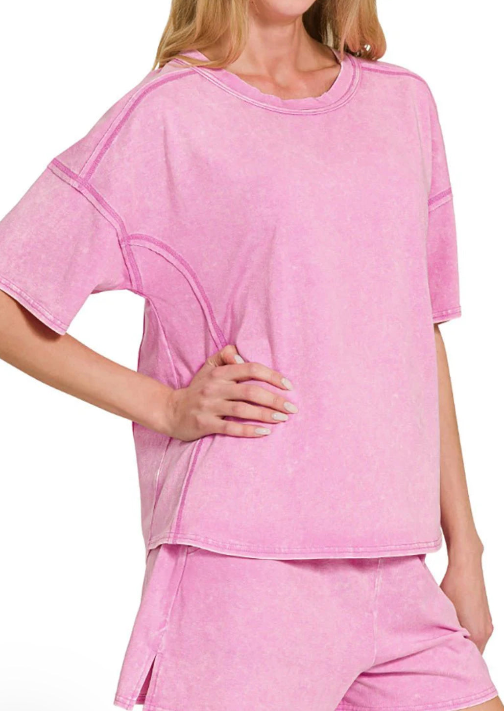 ZENANA ACID WASHED SHORT SLEEVE TEE & SHORTS SET *Multiple Colors