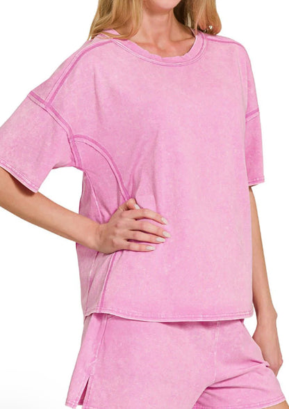 ZENANA ACID WASHED SHORT SLEEVE TEE & SHORTS SET *Multiple Colors