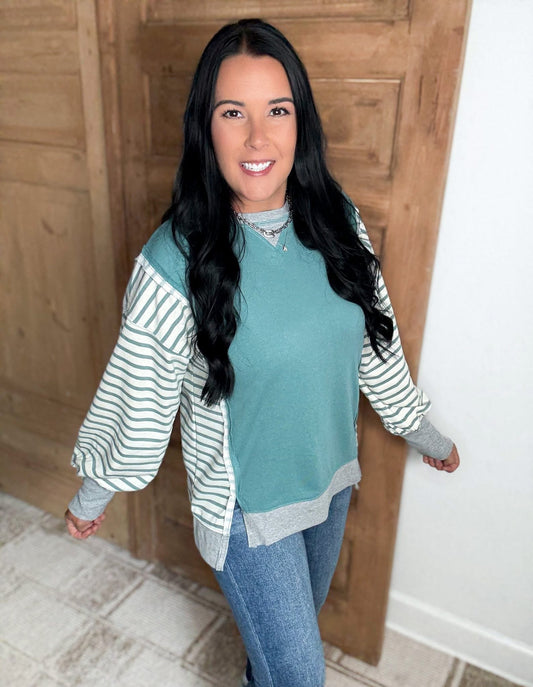 OVERSIZED STRIPED CASUAL KNIT TOP- MINT TEAL