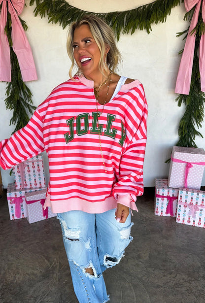 PREORDER- JOLLY & MERRY OVERSIZED PULLOVER (Red & Pink)