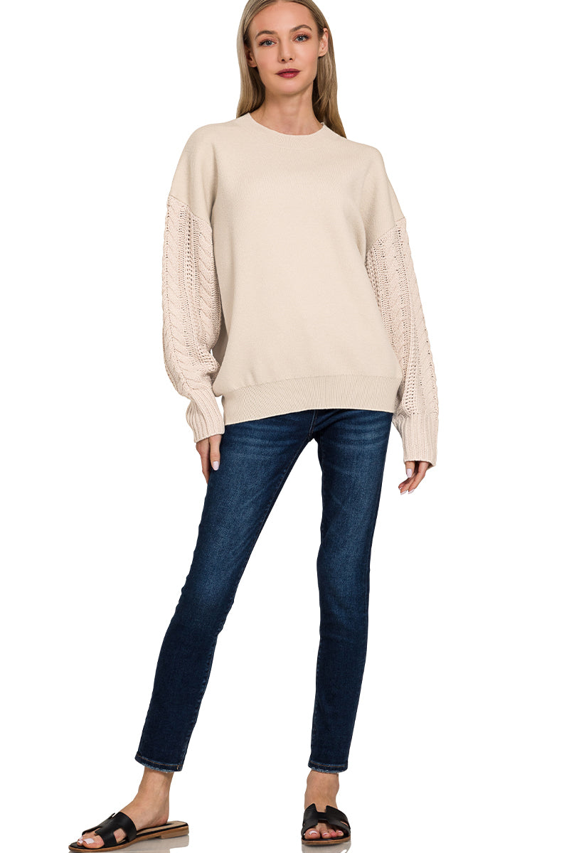 CABLE KNIT SLEEVE ROUND NECK SOFT SWEATER** Multiple Colors