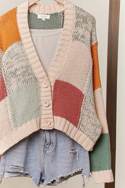 COLOR BLOCK CROCHET V NECK CARDIGAN SWEATER