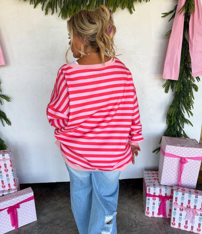 PREORDER- JOLLY & MERRY OVERSIZED PULLOVER (Red & Pink)