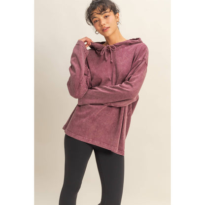OVERSIZED HOODED VINTAGE WASHED LONG SLEEVE TOP- CABERNET