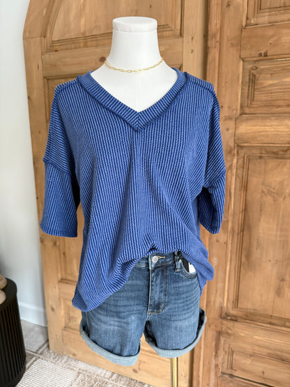 ROYAL BLUE RIBBED V-NECK KNIT TOP