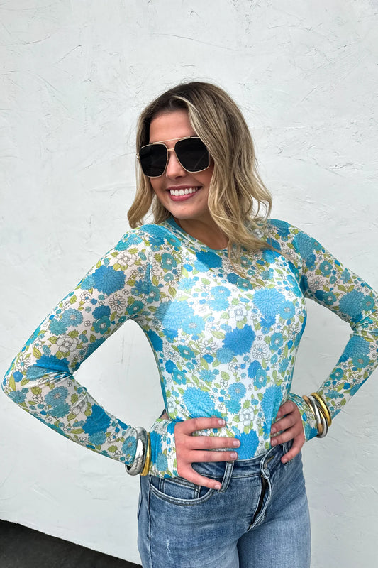 VINTAGE FLORAL MESH TOP BLUE