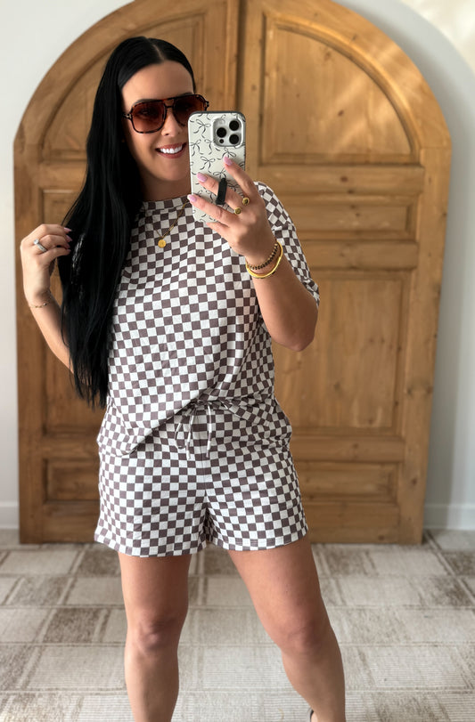 Checkered Round Neck Top and Shorts Set