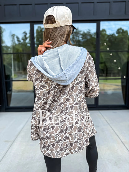BIRDIE PREORDER Ribbed Shacket with Gray Hood in Duck Camo