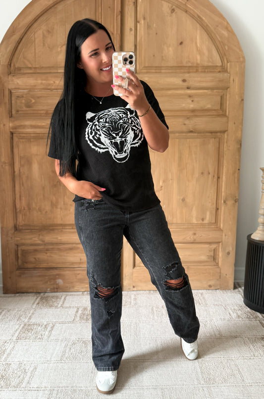 TIGER RIBBED TOP-BLACK