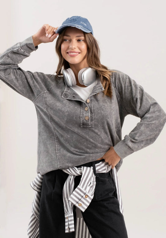 WASHED HENLEY RAGLAN LONG SLEEVE TOP