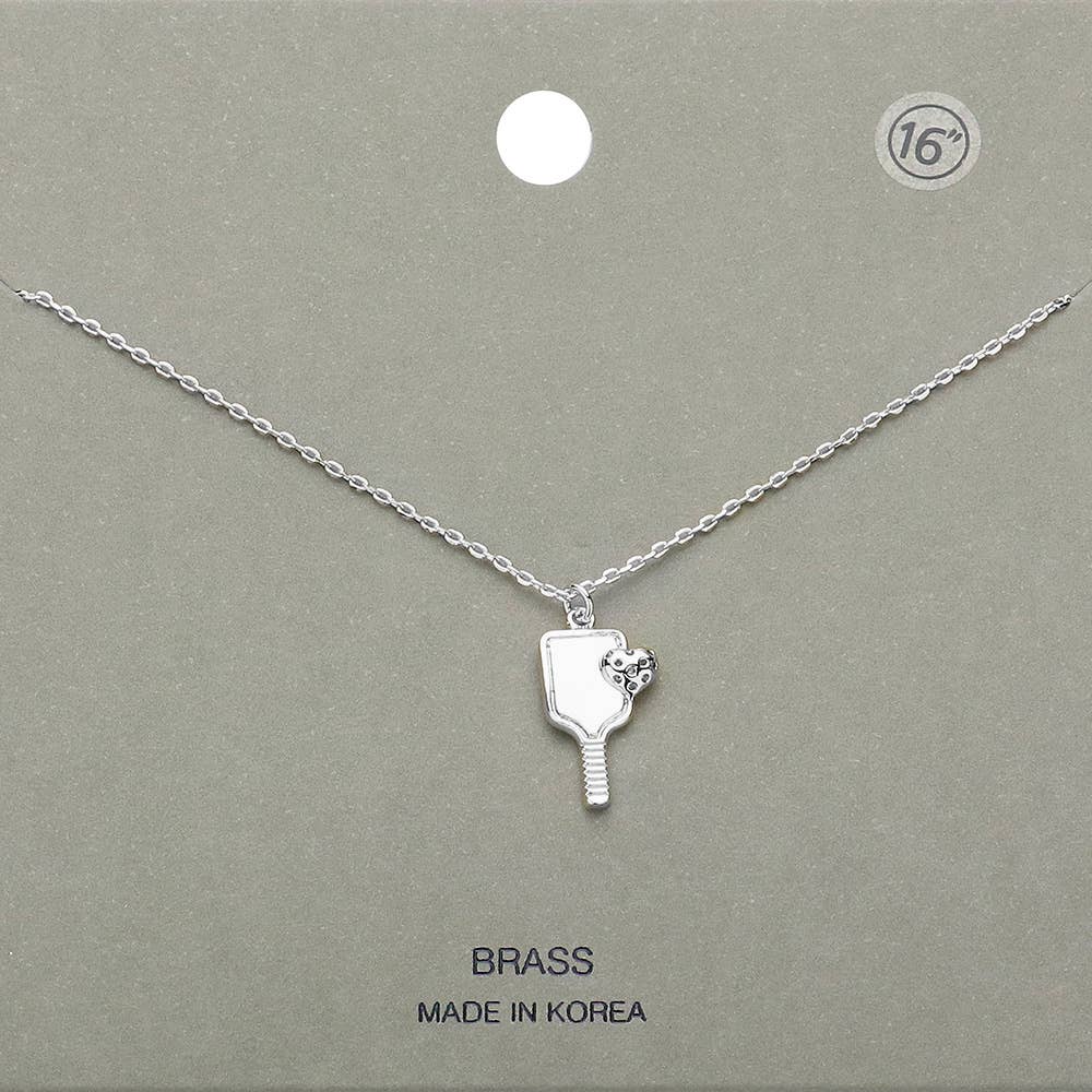 METAL HEART POINTED PICKLEBALL PADDLE PENDANT NECKLACE (SILVER & GOLD)