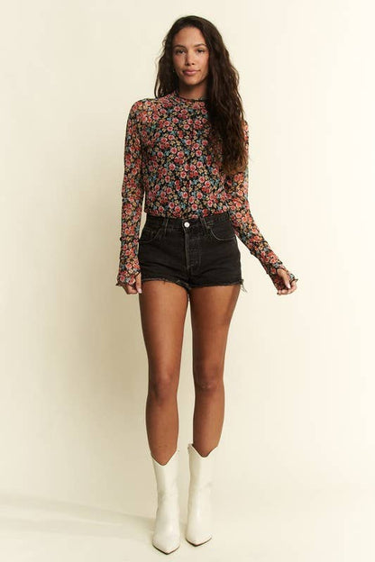 MOCKNECK LONGSLEEVE BLACK FLORAL MESH TOP