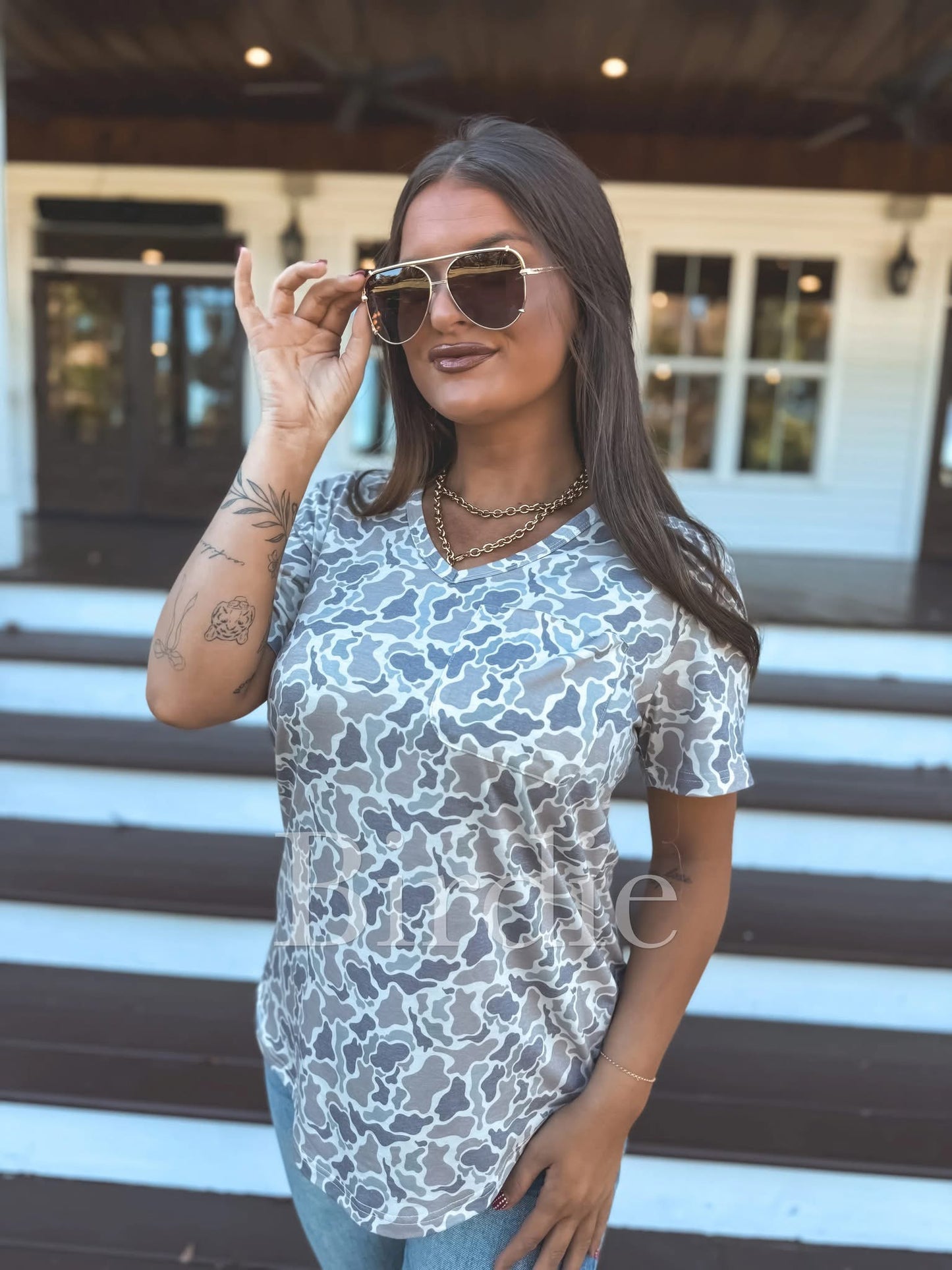 BIRDIE Soft Style V Neck Pocket Tee in Duck Camo