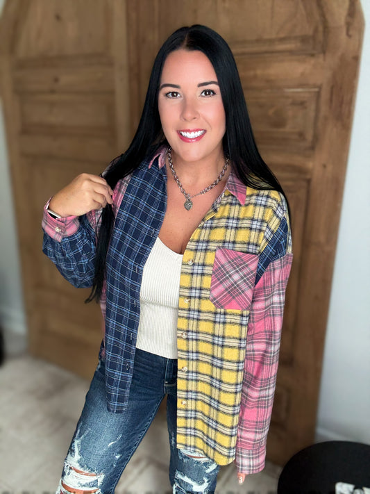 NOT YOUR DADS FLANNEL-Blue/Pink/Yellow