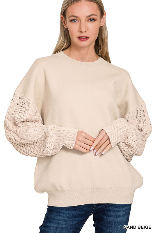 CABLE KNIT SLEEVE ROUND NECK SOFT SWEATER** Multiple Colors