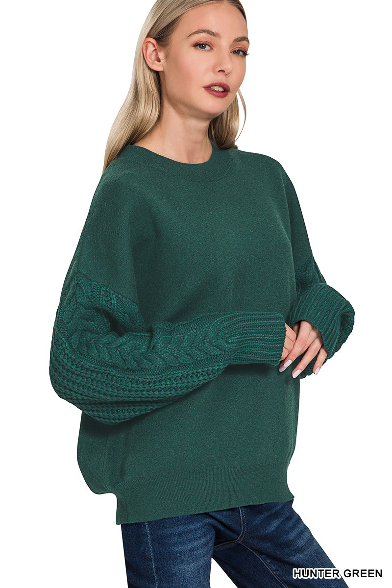 CABLE KNIT SLEEVE ROUND NECK SOFT SWEATER** Multiple Colors
