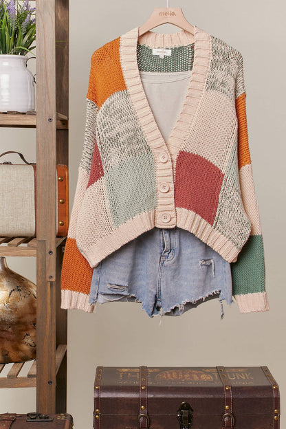 COLOR BLOCK CROCHET V NECK CARDIGAN SWEATER
