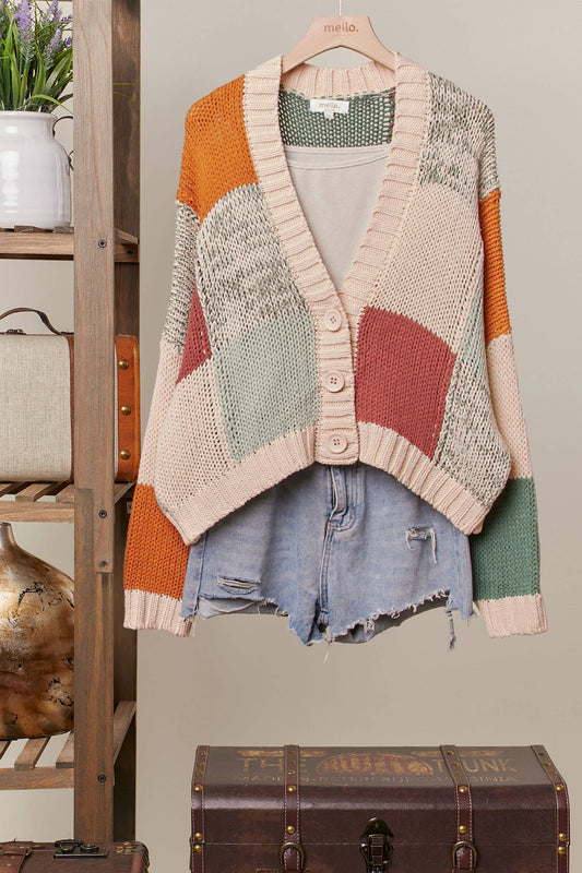 COLOR BLOCK CROCHET V NECK CARDIGAN SWEATER