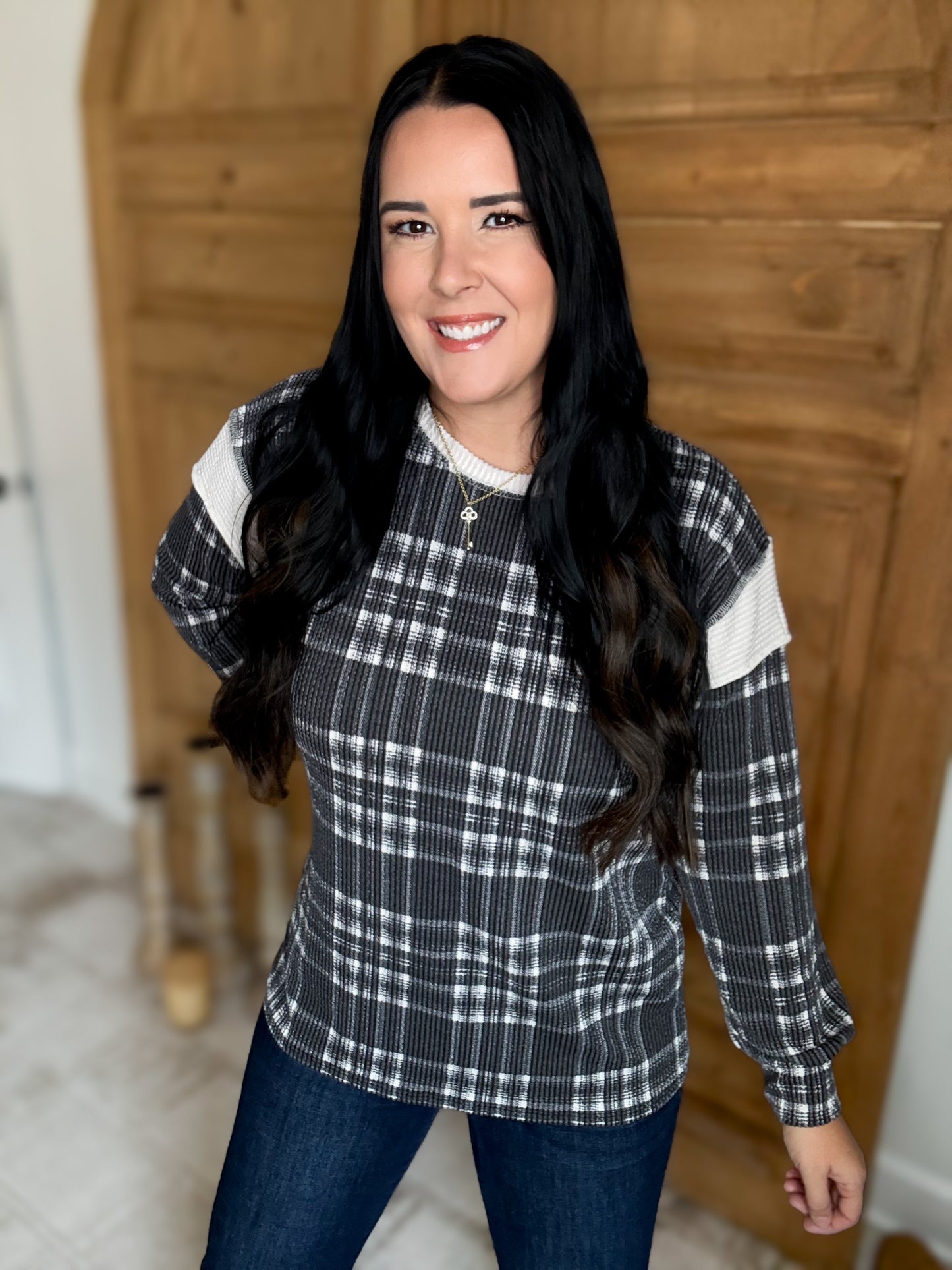 PLAID RIBBED DREAMS TOP