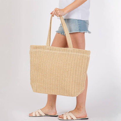 SOLID CROCHET STRAW TOTE BAG (MULTIPLE COLORS)