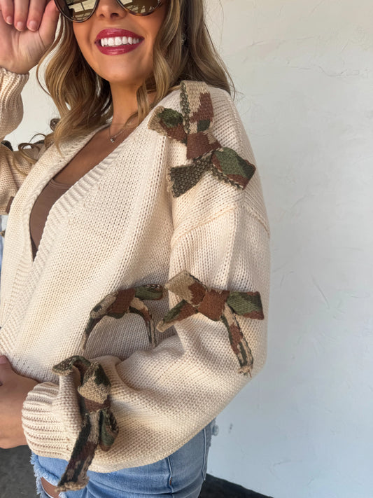 PREORDER- SLOANE BOW KNIT CAMO CARDIGAN-*More Colors