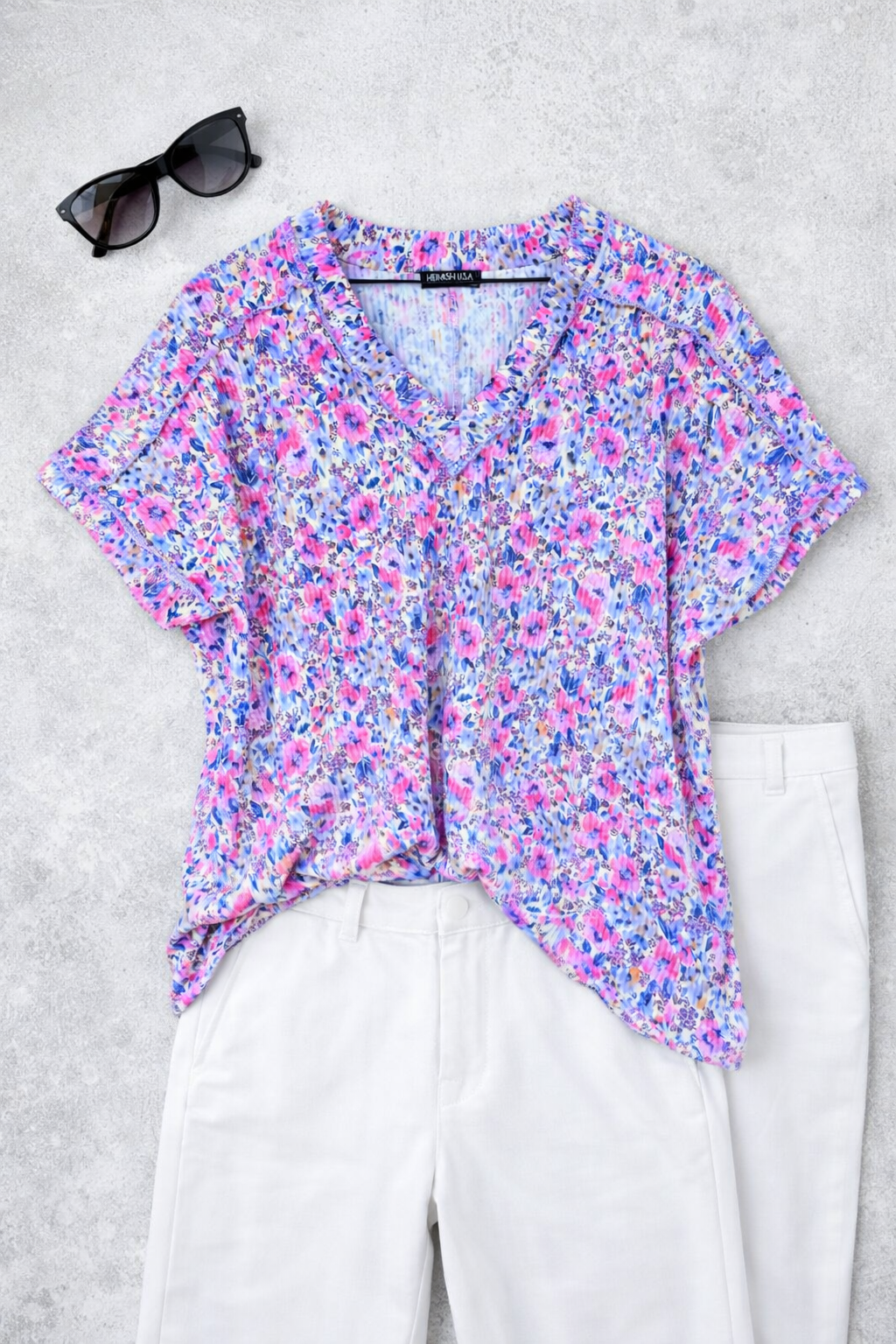 Floral Ribbed Relaxed V-Neck Top