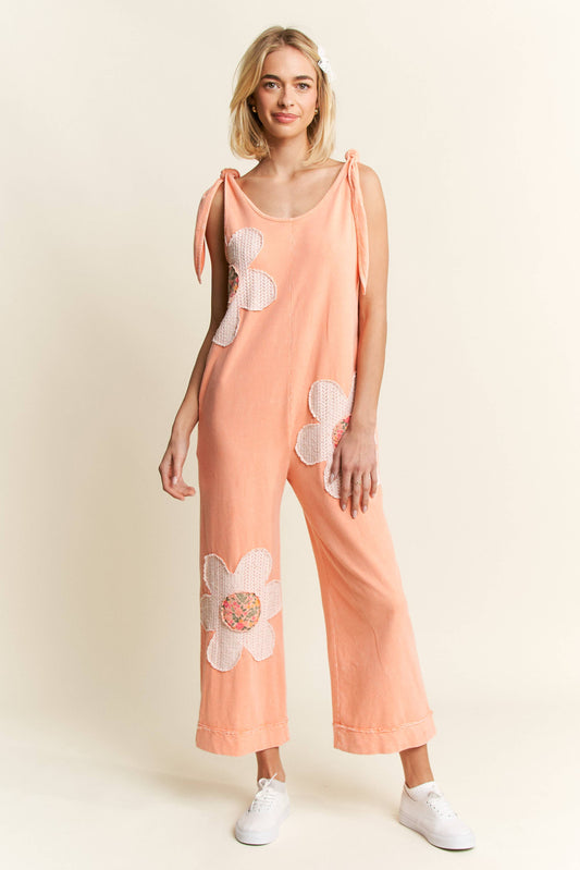 J.HER MINERAL WASHED FLOWER PATCHED BOW JUMPSUIT PAPAYA