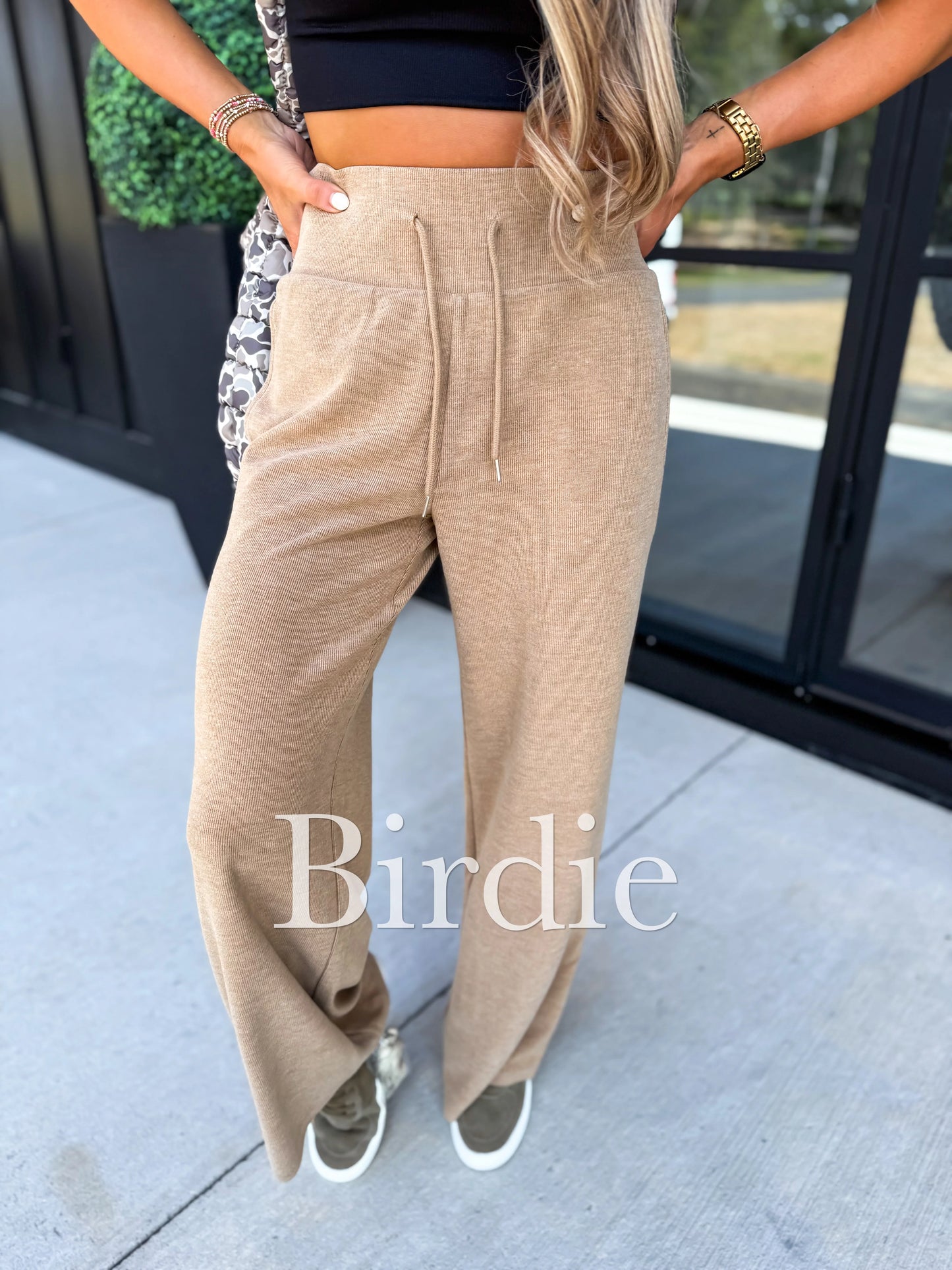 BIRDIE PREORDER Ribbed Wide Leg Pants with Tummy Control in Tan