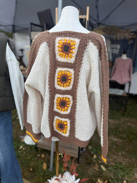 COLOR BLOCK SUNFLOWER CROCHET V NECK SOFT CARDIGAN