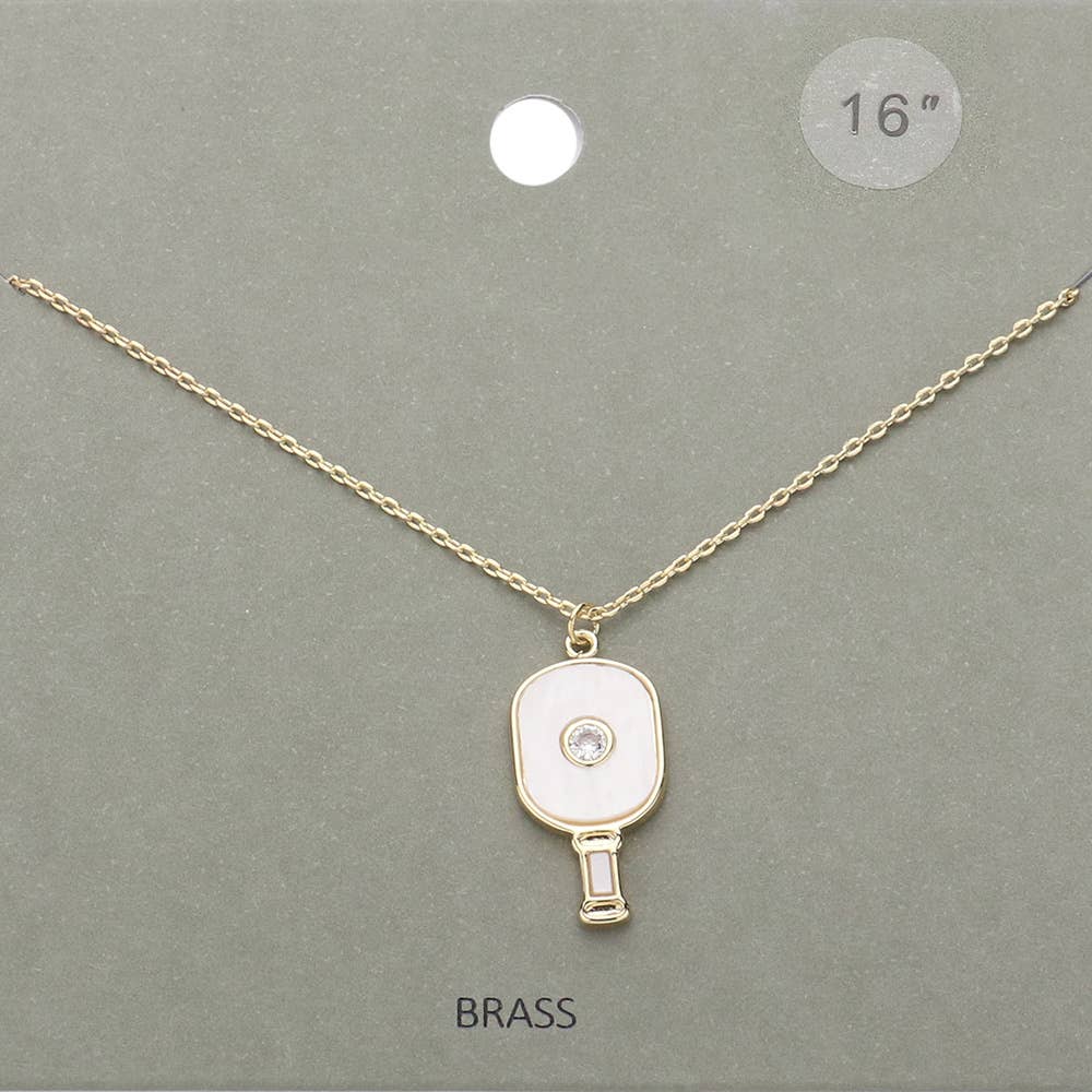 STONE POINTED ENAMEL PICKLEBALL PADDLE PENDANT NECKLACE (MULTIPLE COLORS)
