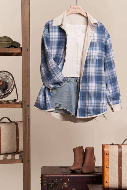 Reversible Corduroy and Plaid Button Down Shirt Jacket