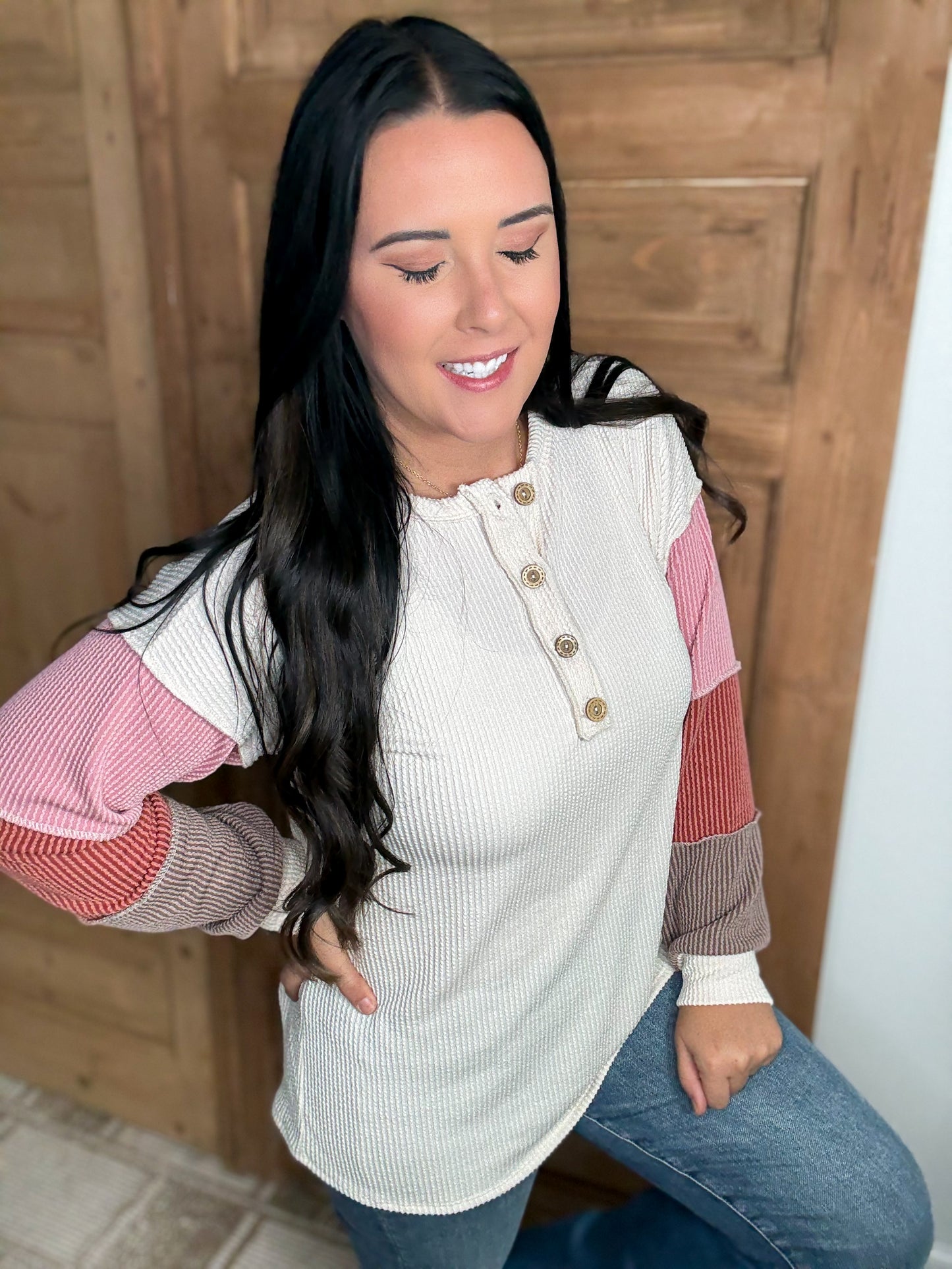 *DOORBUSTER RIBBED COLOR BLOCK SLEEVE TOP