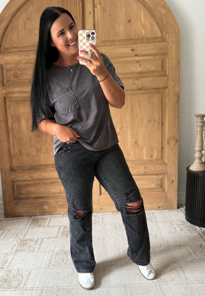 MINERAL WASHED POCKET TOP-Charcoal