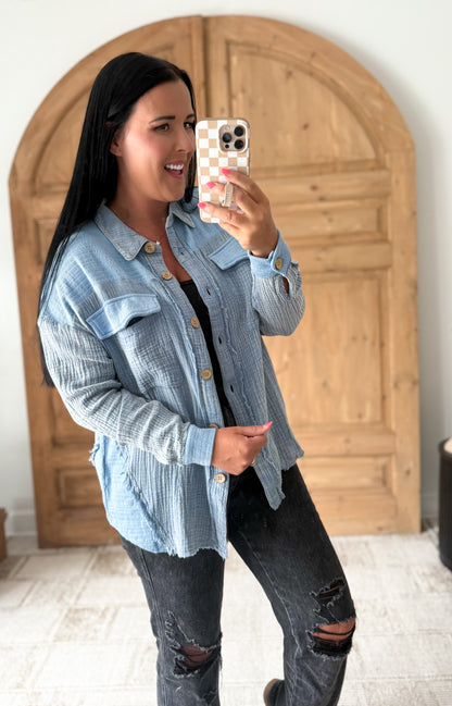 JOHNNY GAUZE KNIT BUTTON DOWN LAYERING TOP-DENIM BLUE