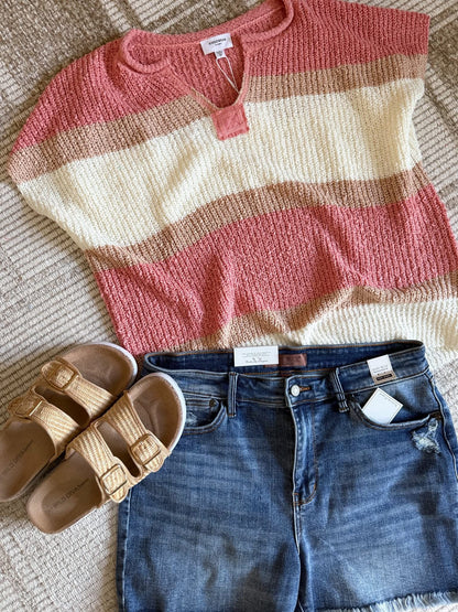 Annie Wear Low Gauge Color Block Textured Sweater Top