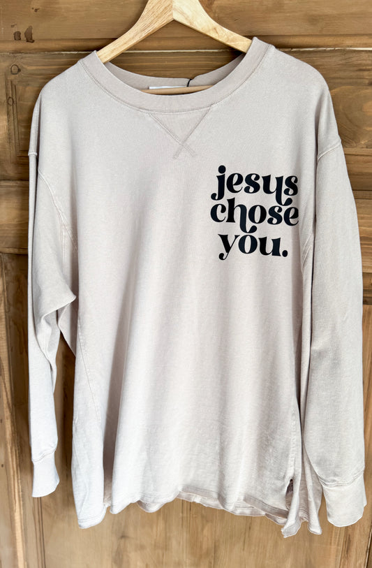 JESUS CHOSE YOU MINERAL WASHED DROP SLEEVE OVERSIZED LONG SLEEVE- Taupe