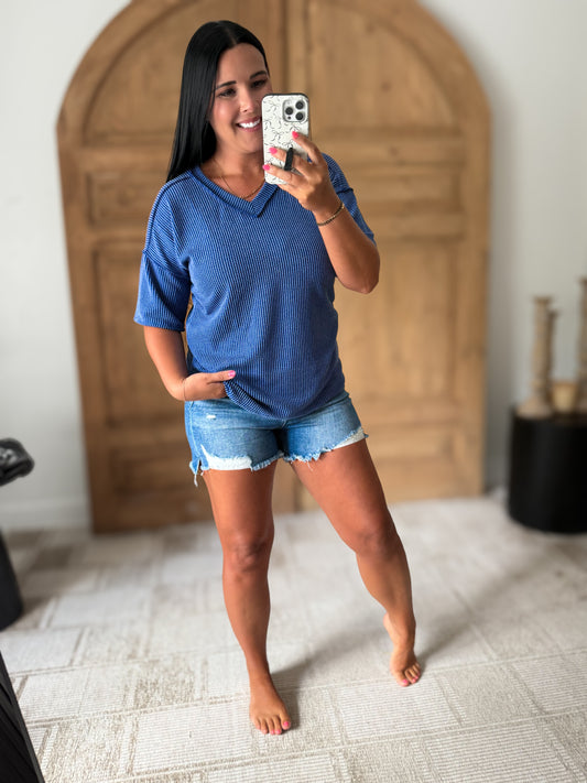 ROYAL BLUE RIBBED V-NECK KNIT TOP