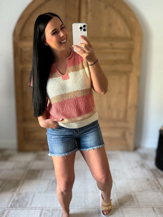 Annie Wear Low Gauge Color Block Textured Sweater Top