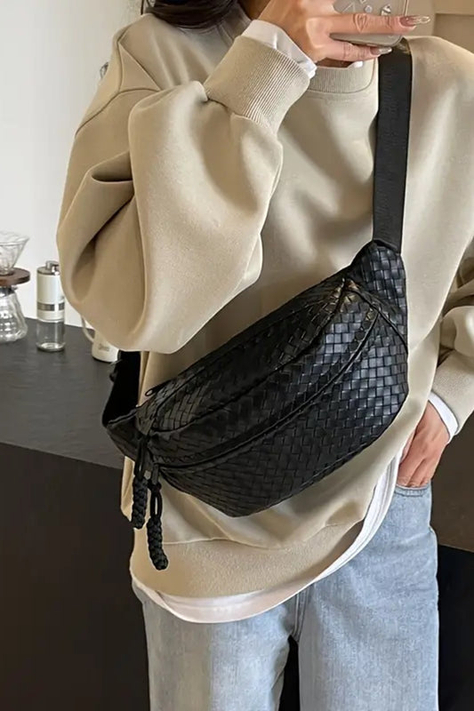 VEGAN LEATHER WOVEN ATLAS CROSSBODY BUM BAG BLACK