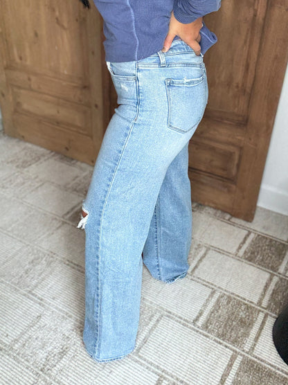HIGH RISE DISTRESSED WIDE LEG DENIM- Flying Monkey