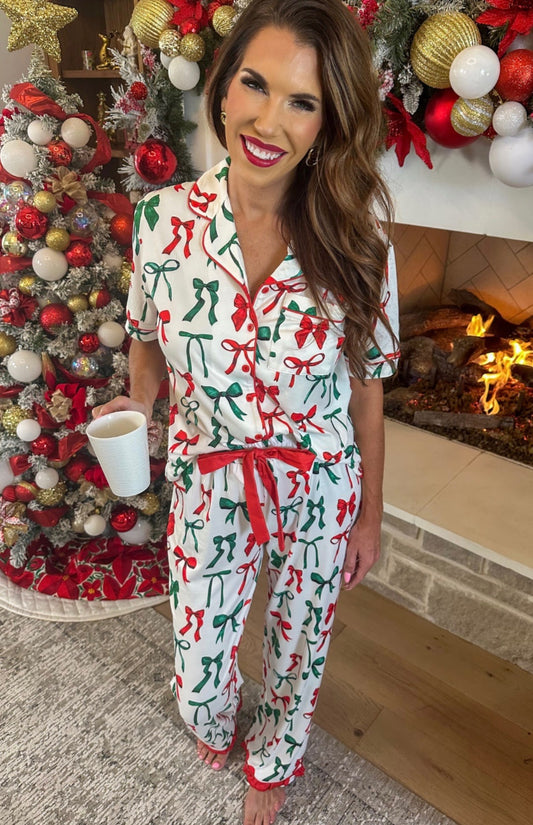 PRE ORDER LUXURY MIDNIGHT BOW CHRISTMAS RUFFLE PAJAMAS