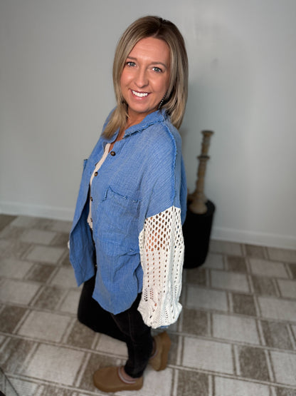POL: GAUZE BUTTON DOWN SHACKET WITH SWEATER SLEEVE DETAIL-ULTRAMARINE