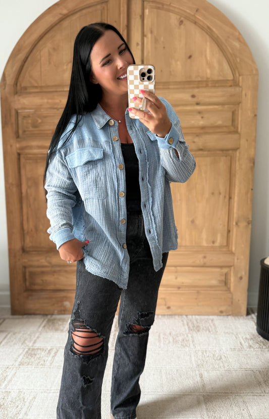 JOHNNY GAUZE KNIT BUTTON DOWN LAYERING TOP-DENIM BLUE