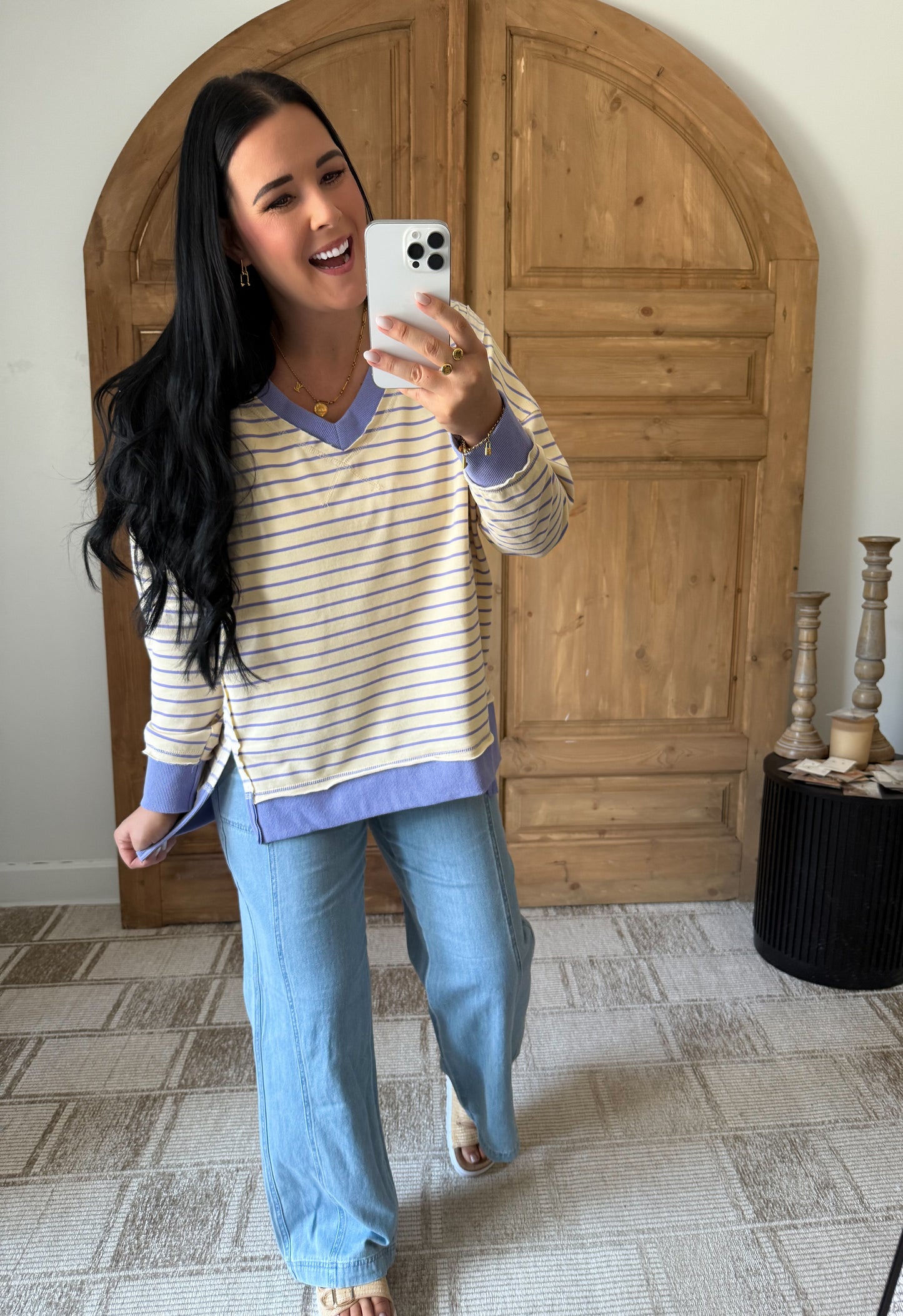 LONG SLEEVE STRIPED KNIT PULLOVER LAVENDER