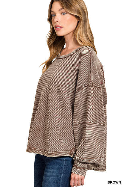 ACID WASHED DOUBLE RIBBED EXPOSED SLIGHTLY CROPPED PULLOVER* Multiple Colors