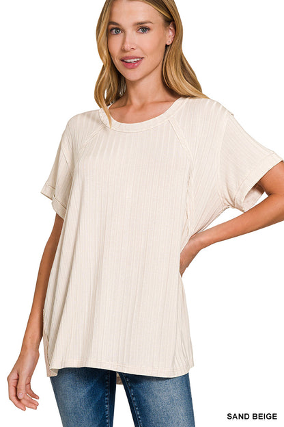 ZENANA ACID WASHED RIBBED SHORT SLEEVE BOAT-NECK TOP **multiple colors