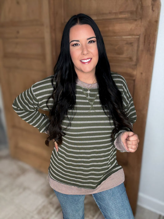 *DOORBUSTER EVERYDAY HEIMISH STRIPED TOP- OLIVE