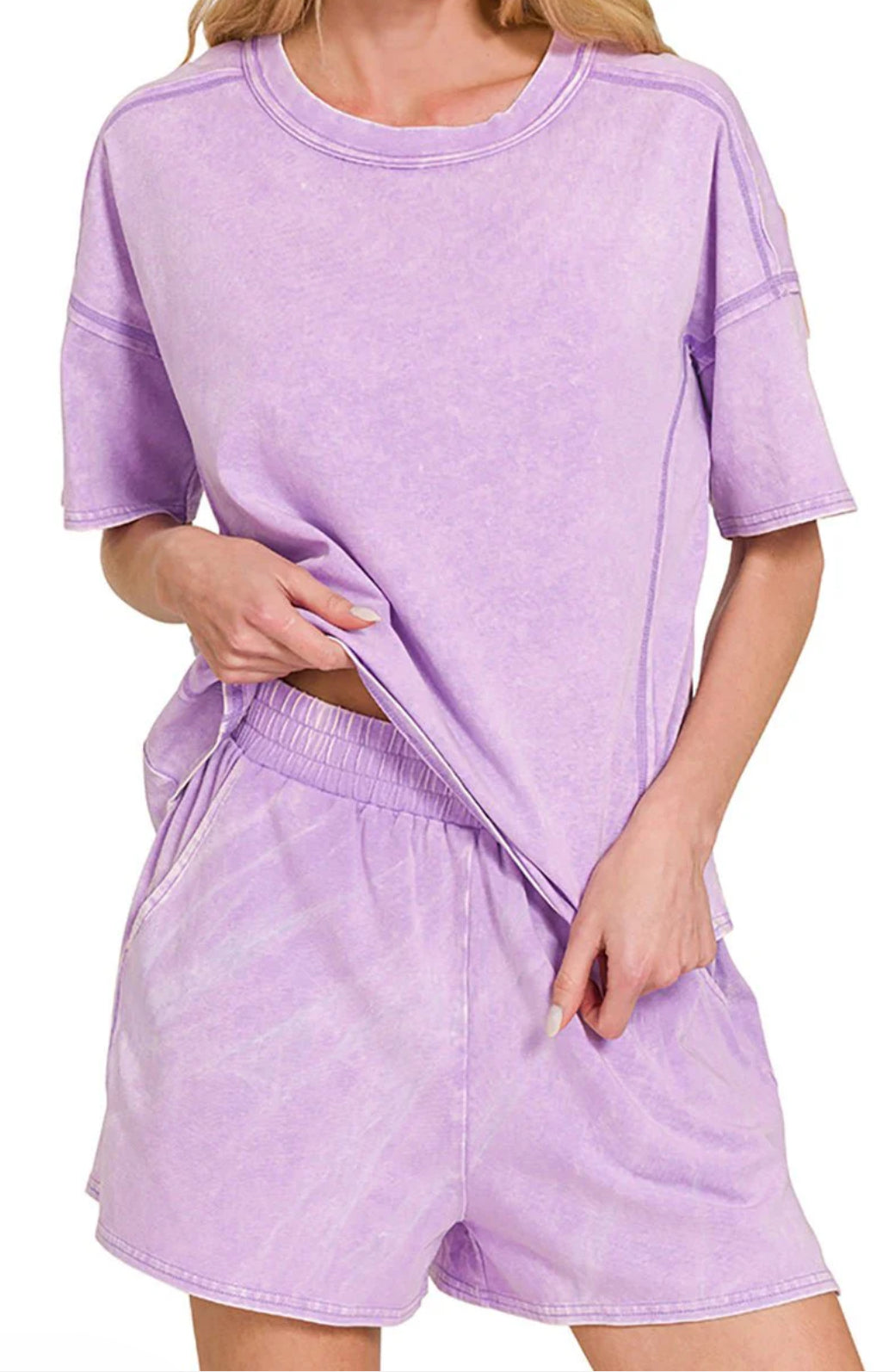 ZENANA ACID WASHED SHORT SLEEVE TEE & SHORTS SET *Multiple Colors